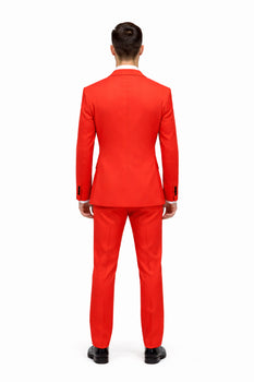 Men'S Red Flap Two Pockets Vested 3 Piece Suit