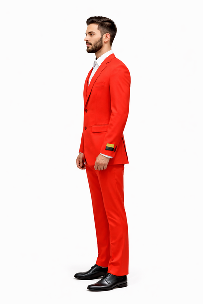 Men'S Red Flap Two Pockets Vested 3 Piece Suit