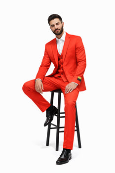 Men'S Red Flap Two Pockets Vested 3 Piece Suit