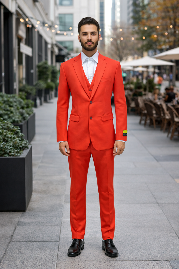Men'S Red Flap Two Pockets Vested 3 Piece Suit