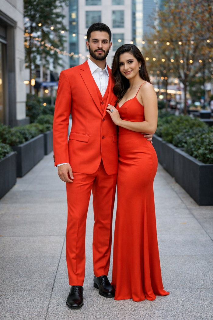 Men'S Red Flap Two Pockets Vested 3 Piece Suit