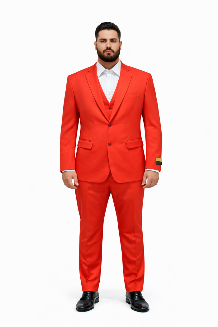 Men'S Red Flap Two Pockets Vested 3 Piece Suit