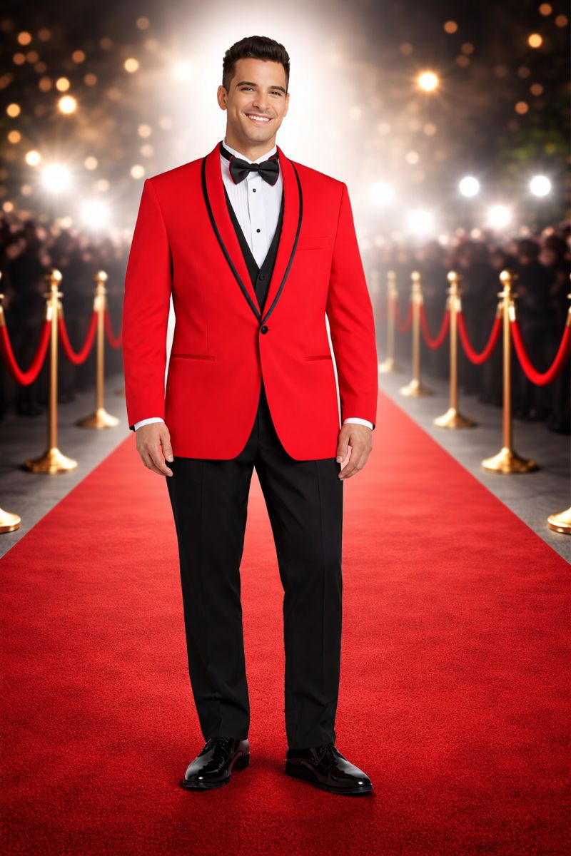 Men'S Red Formal Attire Dinner Jacket Suits And Black Lapel + Black Pants Fashion Tuxedo For Men - Red Tuxedo - Image 5