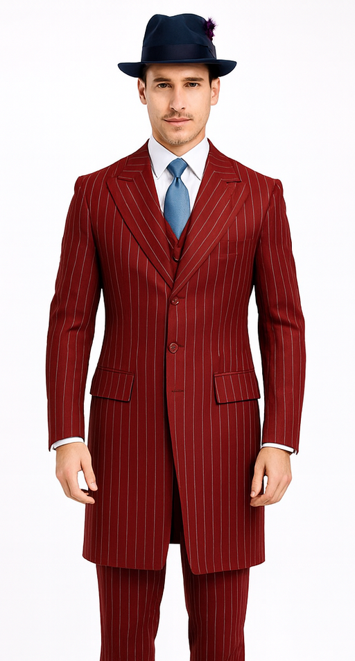 Mens Red Pinstripe Suit – Classic Long Coat Style with White Stripes