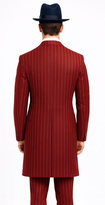 Mens Red Pinstripe Suit – Classic Long Coat Style with White Stripes