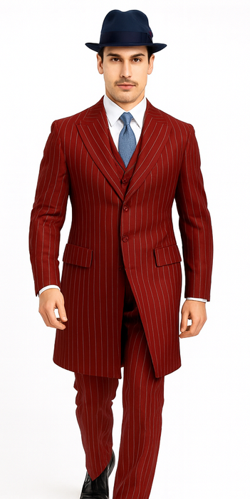 Mens Red Pinstripe Suit – Classic Long Coat Style with White Stripes