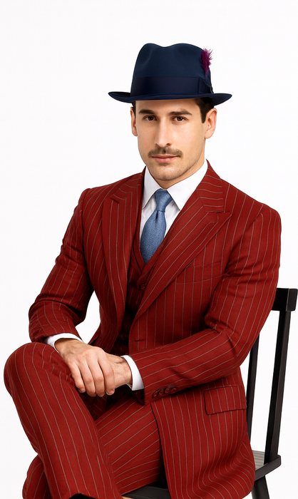 Mens Red Pinstripe Suit – Classic Long Coat Style with White Stripes