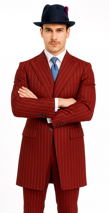 Mens Red Pinstripe Suit – Classic Long Coat Style with White Stripes