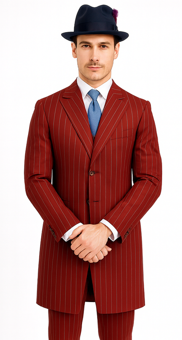 Mens Red Pinstripe Suit – Classic Long Coat Style with White Stripes
