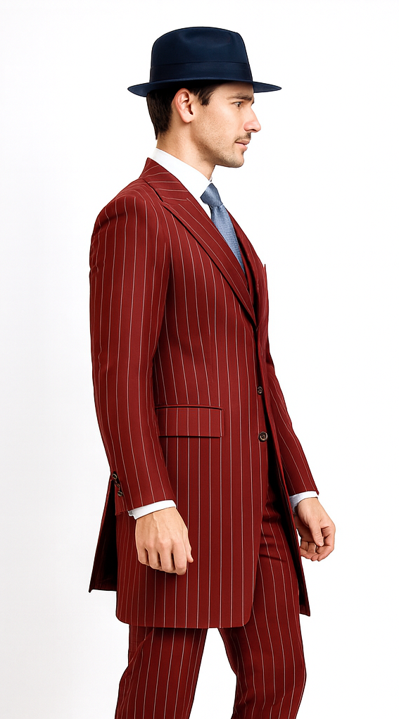 Mens Red Pinstripe Suit – Classic Long Coat Style with White Stripes