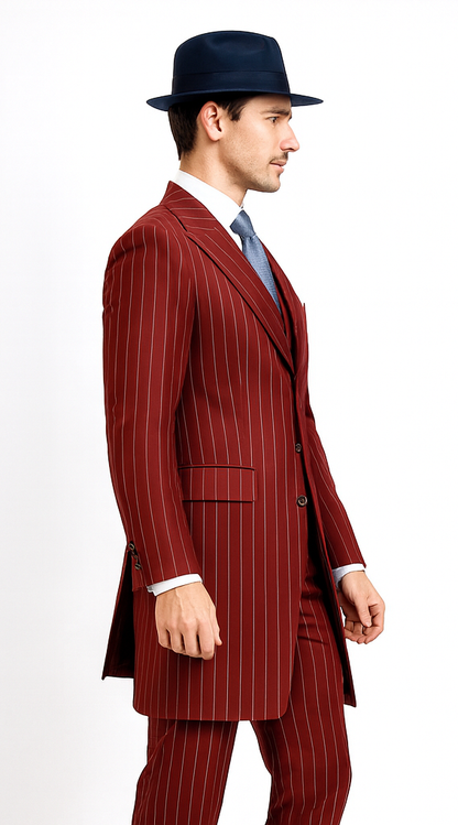Mens Red Pinstripe Suit – Classic Long Coat Style with White Stripes