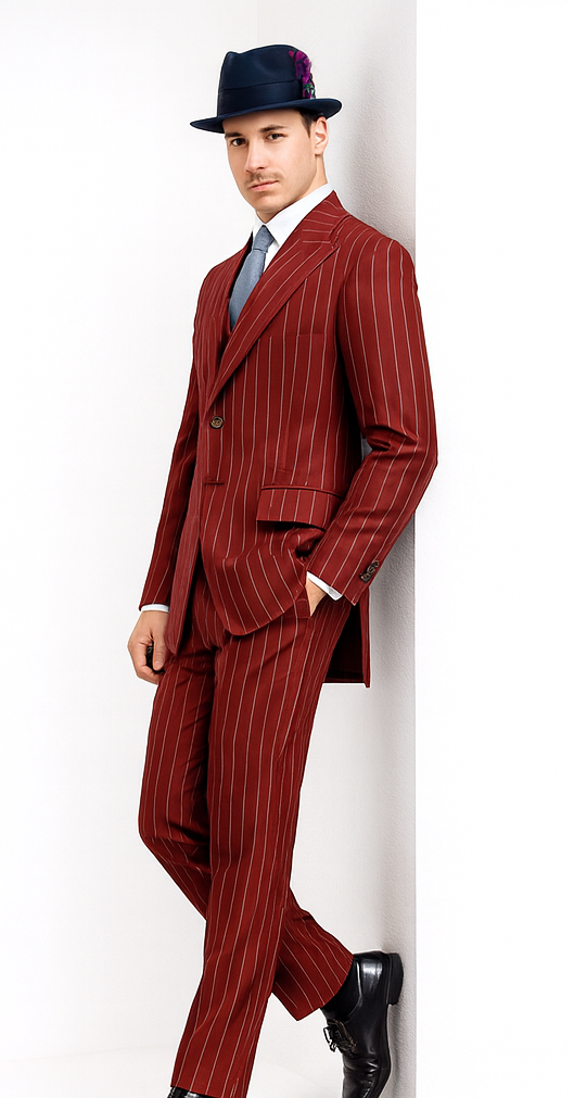 Mens Red Pinstripe Suit – Classic Long Coat Style with White Stripes