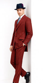 Mens Red Pinstripe Suit – Classic Long Coat Style with White Stripes