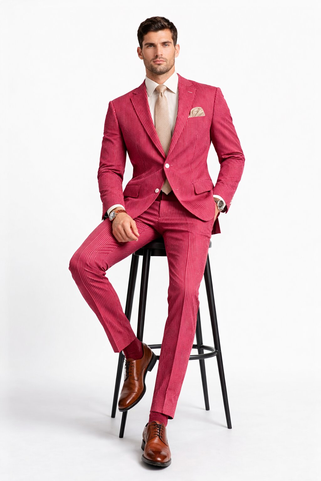 Modern Fit Summer 2 Piece 2 Button Suit Striped Seersucker in Navy