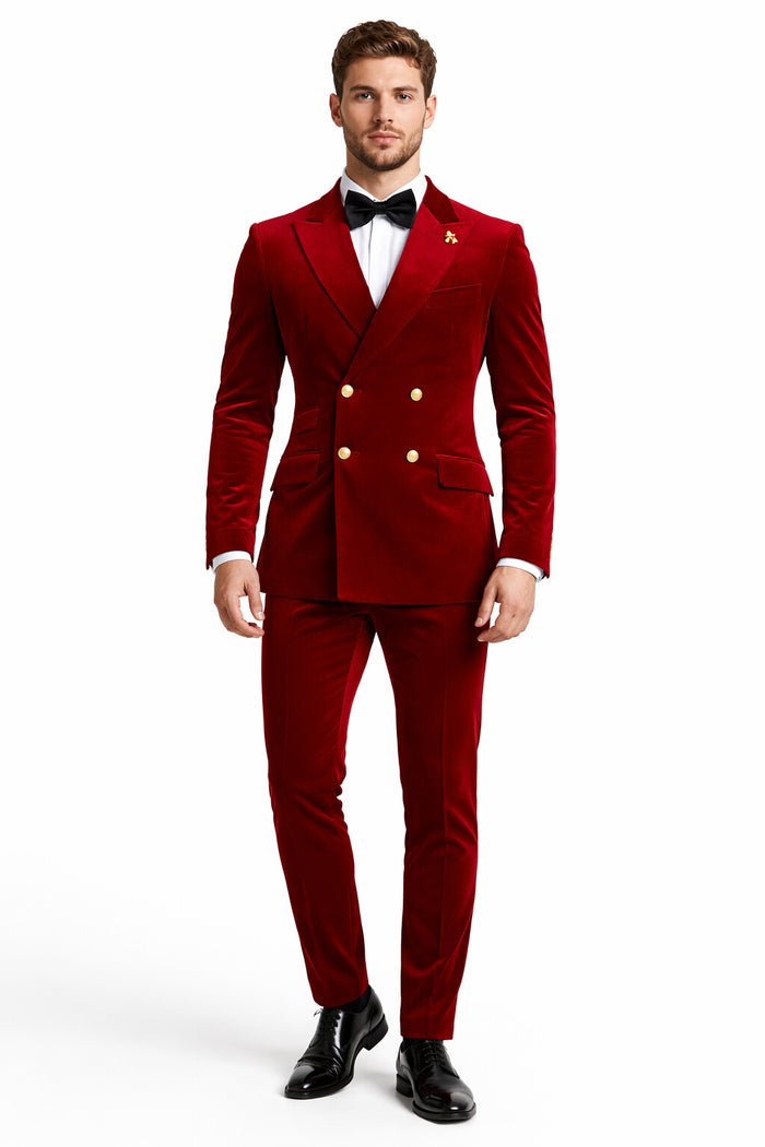 Mens Velvet Suit - Slim Fit Double Breasted Suit Blazer and Pants - Green