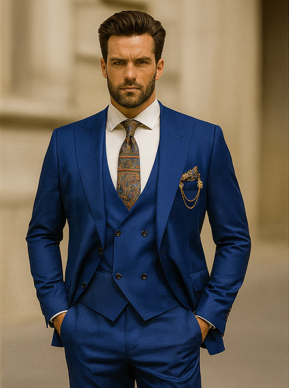 Men’s Designer Blue Suit with Vest and Pocket Chain – Stylish Attire Modern Fit
