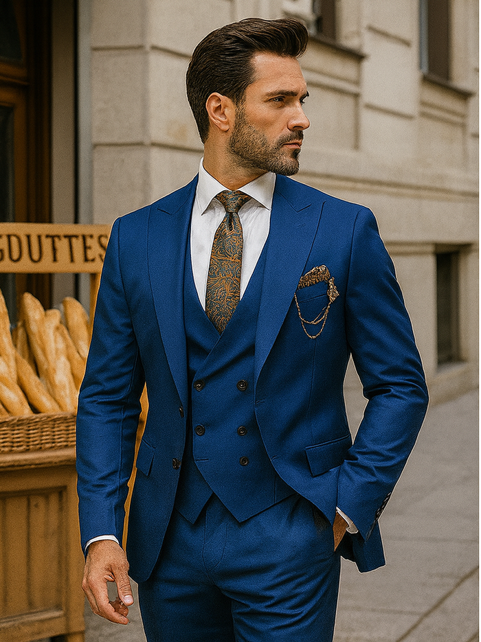 Men’s Designer Blue Suit with Vest and Pocket Chain – Stylish Attire Modern Fit