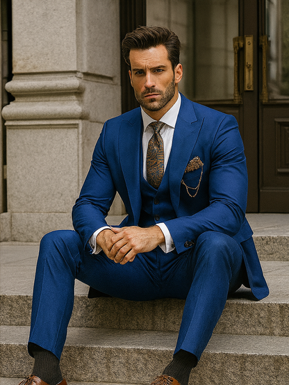Men’s Designer Blue Suit with Vest and Pocket Chain – Stylish Attire Modern Fit