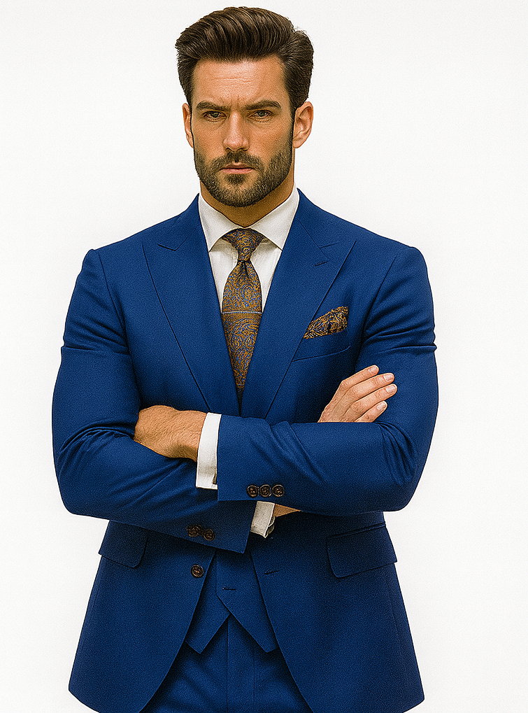 Men’s Designer Blue Suit with Vest and Pocket Chain – Stylish Attire Modern Fit