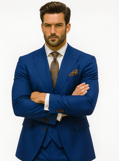 Men’s Designer Blue Suit with Vest and Pocket Chain – Stylish Attire Modern Fit