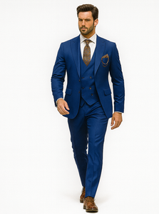 Men’s Designer Blue Suit with Vest and Pocket Chain – Stylish Attire