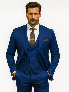 Men’s Designer Blue Suit with Vest and Pocket Chain – Stylish Attire