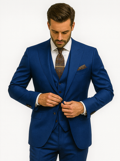 Men’s Designer Blue Suit with Vest and Pocket Chain – Stylish Attire Modern Fit