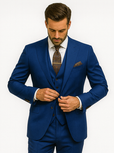 Men’s Designer Blue Suit with Vest and Pocket Chain – Stylish Attire