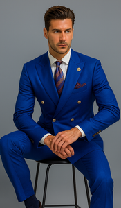 Mens Royal Blue Double Breasted Suit - 100% Suit - 100% Percent Wool Fabric Suit - Worsted Wool Business Suit