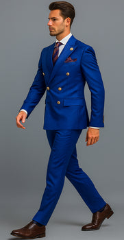 Mens Royal Blue Double Breasted Suit - 100% Suit - 100% Percent Wool Fabric Suit - Worsted Wool Business Suit