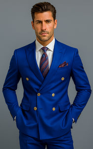Mens Royal Blue Double Breasted Suit - 100% Suit - 100% Percent Wool Fabric Suit - Worsted Wool Business Suit