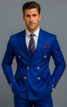 Mens Royal Blue Double Breasted Suit - 100% Suit - 100% Percent Wool Fabric Suit - Worsted Wool Business Suit