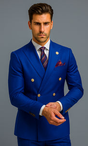 Mens Royal Blue Double Breasted Suit - 100% Suit - 100% Percent Wool Fabric Suit - Worsted Wool Business Suit