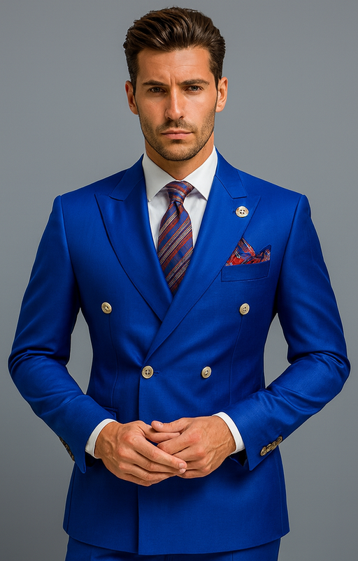 Mens Royal Blue Double Breasted Suit - 100% Suit - 100% Percent Wool Fabric Suit - Worsted Wool Business Suit
