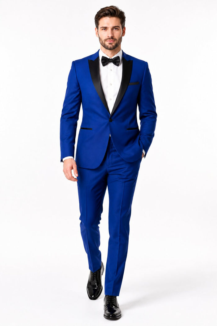 Men'S 1 Button Royal Blue Tuxedo Black Lapeled Dress Suits For Men Dinner Jacket