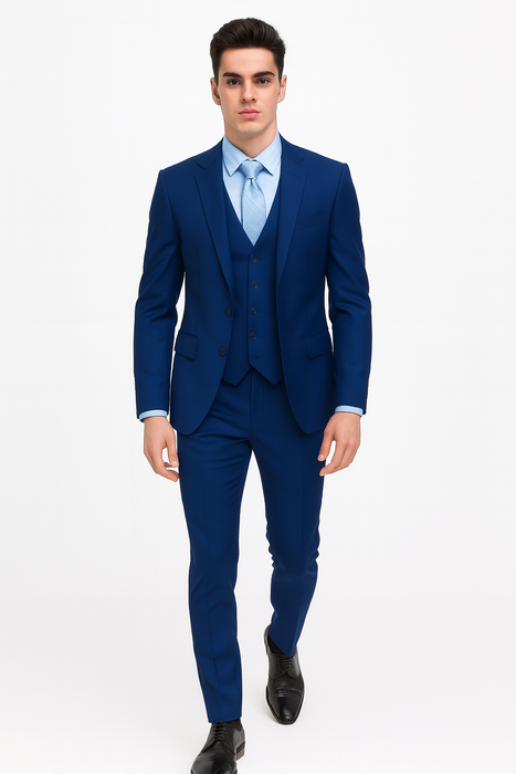 Men’s Royal Blue Modern Fit 3-Piece Vested Suit – Premium Formal Wear for Weddings & Business