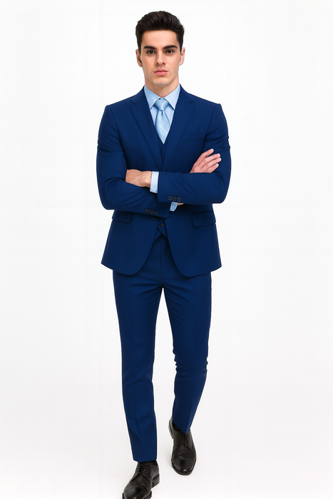 Men’s Royal Blue Modern Fit 3-Piece Vested Suit – Premium Formal Wear for Weddings & Business