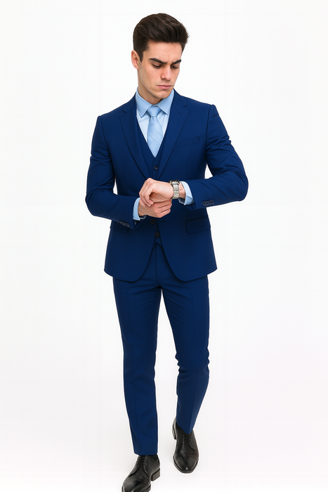 Men’s Royal Blue Modern Fit 3-Piece Vested Suit – Premium Formal Wear for Weddings & Business