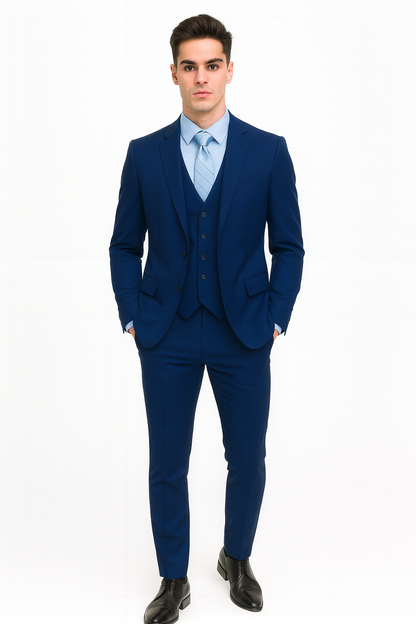 Men’s Royal Blue Modern Fit 3-Piece Vested Suit – Premium Formal Wear for Weddings & Business