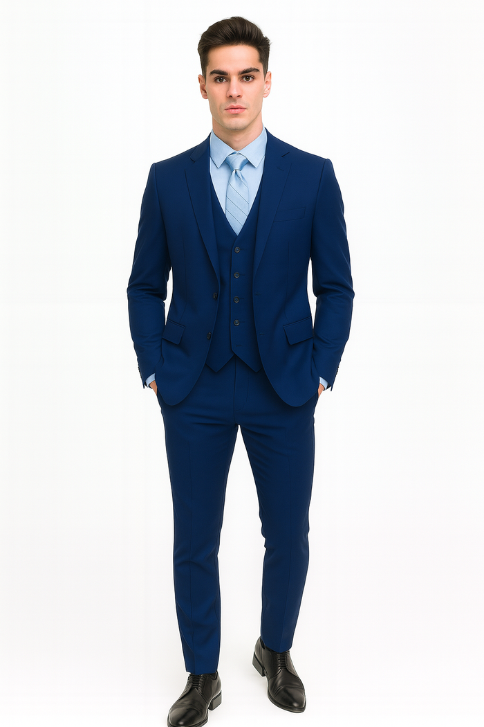 Men’s Royal Blue Modern Fit 3-Piece Vested Suit – Premium Formal Wear for Weddings & Business