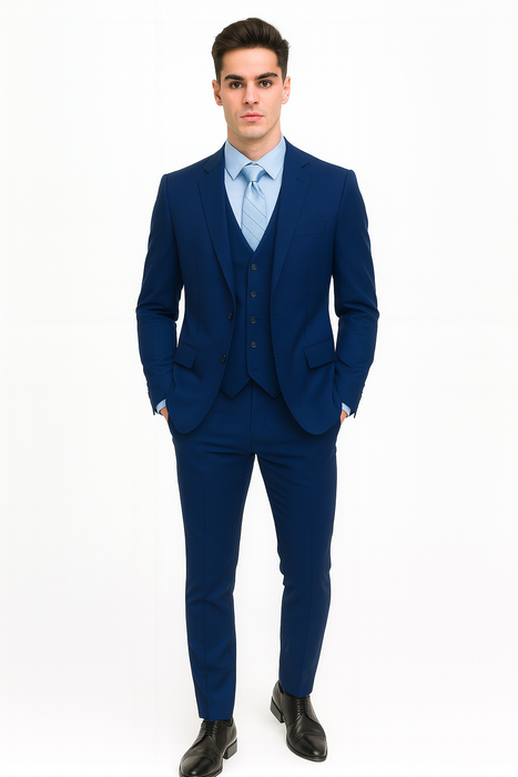 Men’s Royal Blue Modern Fit 3-Piece Vested Suit – Premium Formal Wear for Weddings & Business