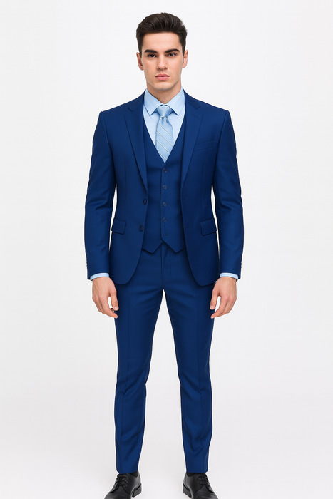 Men’s Royal Blue Modern Fit 3-Piece Vested Suit – Premium Formal Wear for Weddings & Business