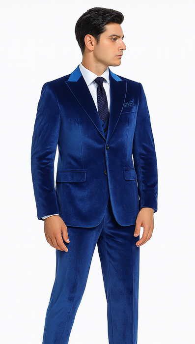 Tazzio Men’s Royal Blue Velvet Suit – Slim Fit 2-Piece Peak Lapel Formalwear