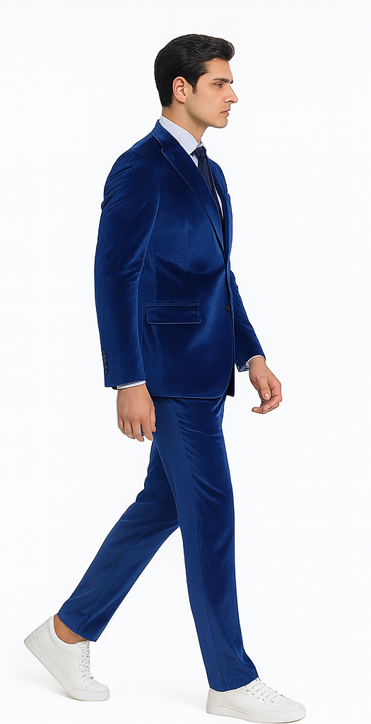 Tazzio Men’s Royal Blue Velvet Suit – Slim Fit 2-Piece Peak Lapel Formalwear