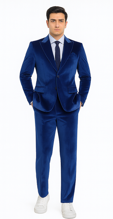 Tazzio Men’s Royal Blue Velvet Suit – Slim Fit 2-Piece Peak Lapel Formalwear