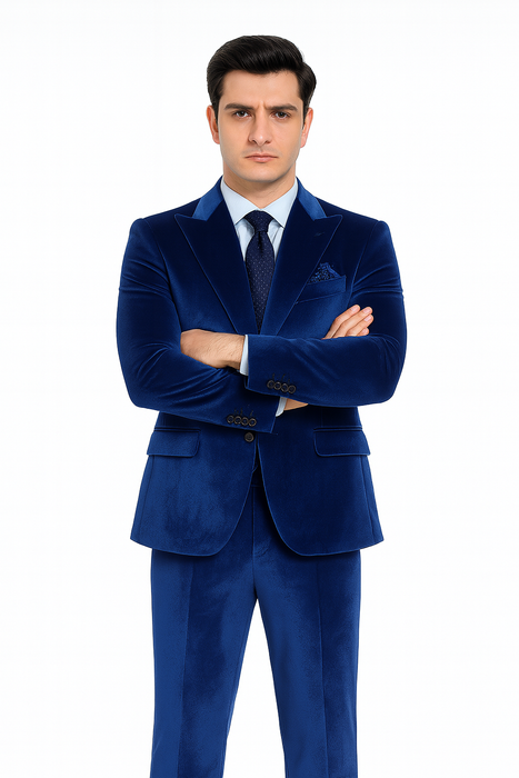 Tazzio Men’s Royal Blue Velvet Suit – Slim Fit 2-Piece Peak Lapel Formalwear