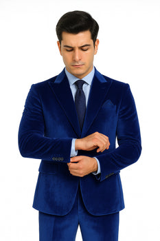 Tazzio Men’s Royal Blue Velvet Suit – Slim Fit 2-Piece Peak Lapel Formalwear