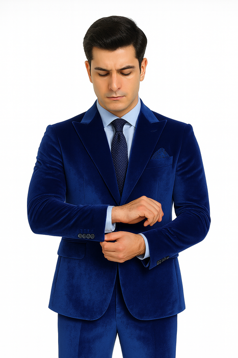 Tazzio Men’s Royal Blue Velvet Suit – Slim Fit 2-Piece Peak Lapel Formalwear
