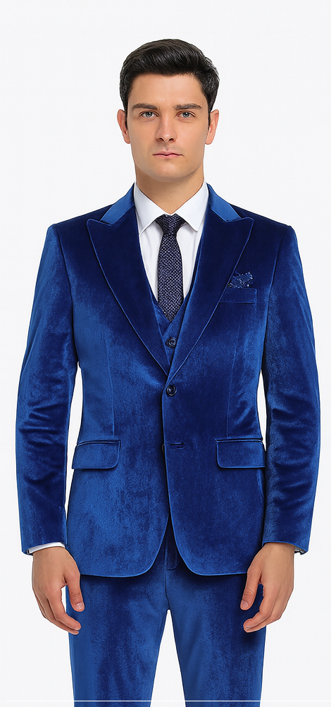 Tazzio Men’s Royal Blue Velvet Suit – Slim Fit 2-Piece Peak Lapel Formalwear