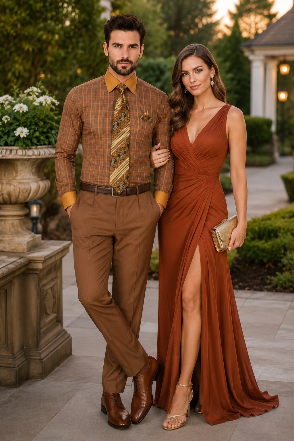 Rust Tone on Tone Check Pattern Dress Shirt Set with Cuff